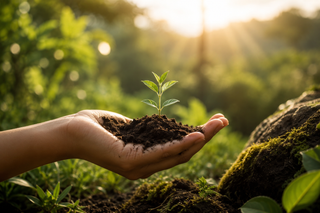 Hand holding nutrient-rich soil with a young plant symbolising soil to soul, natural wellness, recovery and longevity.
